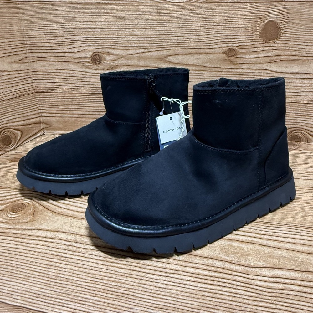 Black Ankle Boots Women Sz 6 Faux Suede‎ Memory Foam Lined Winter Snow Warm Zip